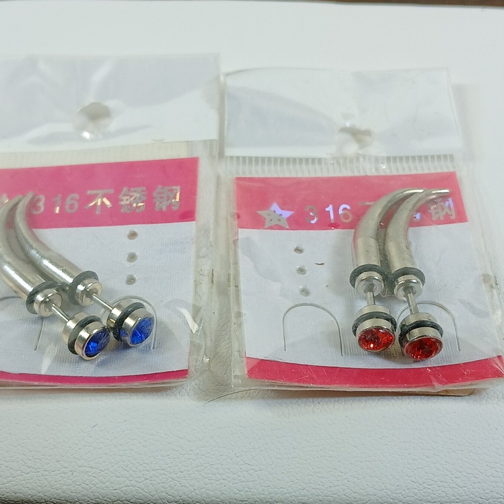 Vintage 90s 316L Steel 14G Faux Taper Claw Earrings Red Blue Rhinestone 2 Pair - Picture 4 of 14